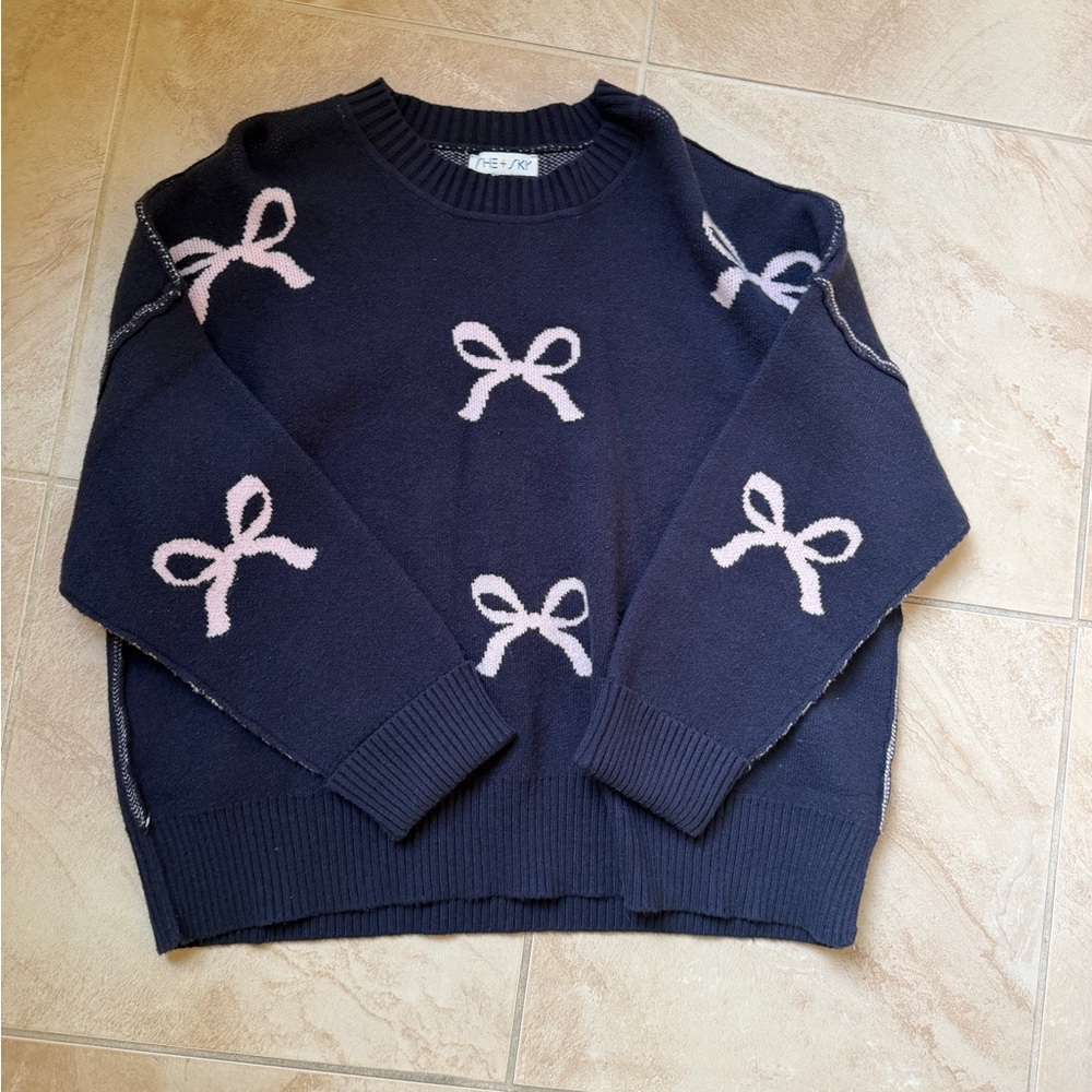 She + Sky Navy Sweater with Pink Bow Details